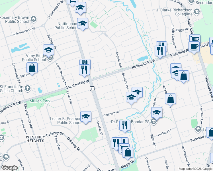 map of restaurants, bars, coffee shops, grocery stores, and more near Hearne Crescent in Ajax