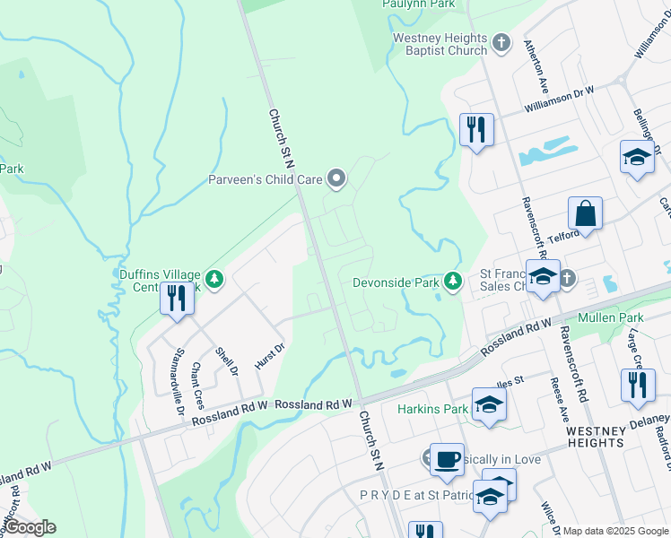 map of restaurants, bars, coffee shops, grocery stores, and more near 86 Workmen's Circle in Ajax