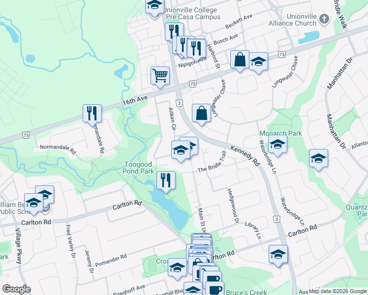 map of restaurants, bars, coffee shops, grocery stores, and more near 82 Aitken Circle in Markham