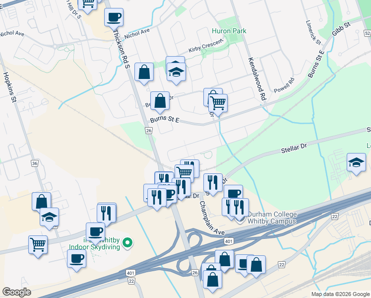 map of restaurants, bars, coffee shops, grocery stores, and more near 41 Oceanpearl Crescent in Whitby
