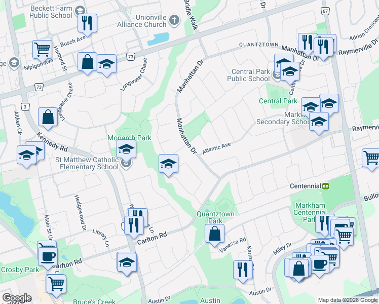 map of restaurants, bars, coffee shops, grocery stores, and more near 148 Manhattan Drive in Markham