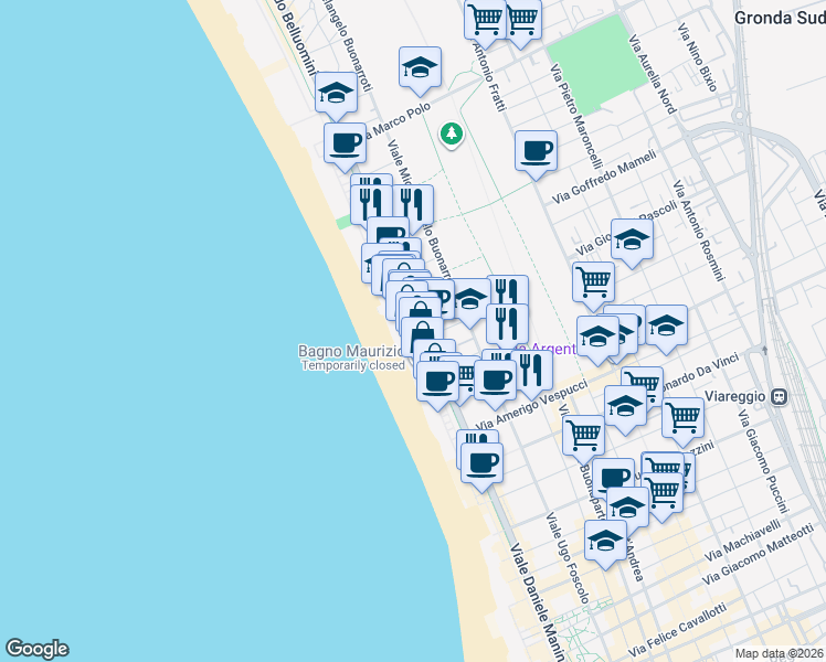map of restaurants, bars, coffee shops, grocery stores, and more near 47 Via Giuseppe Barellai in Viareggio