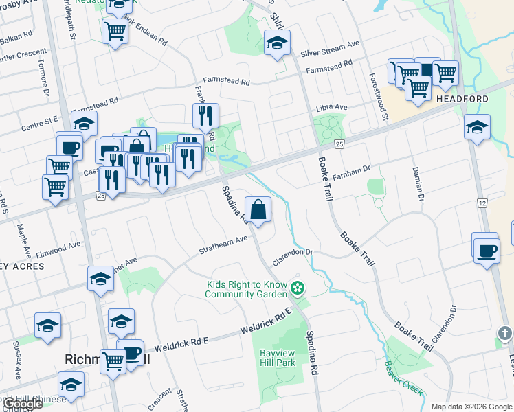 map of restaurants, bars, coffee shops, grocery stores, and more near 32 Crescentview Road in Richmond Hill