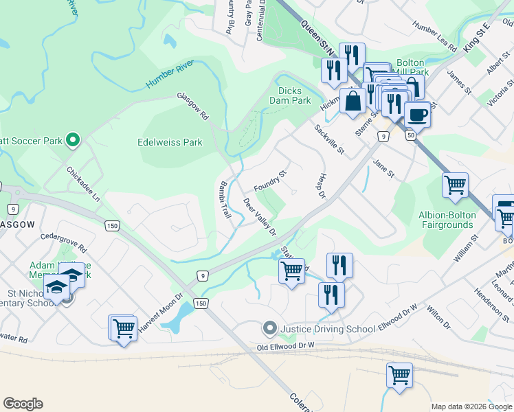map of restaurants, bars, coffee shops, grocery stores, and more near 237 Foundry Street in Bolton