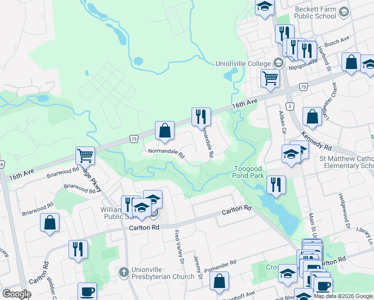 map of restaurants, bars, coffee shops, grocery stores, and more near 57 Delhi Crescent in Markham