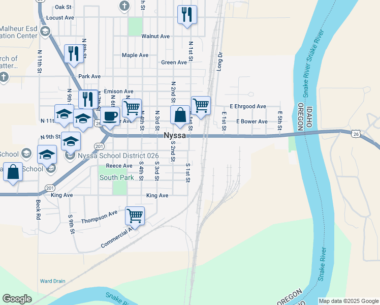 map of restaurants, bars, coffee shops, grocery stores, and more near 9 Good Avenue in Nyssa
