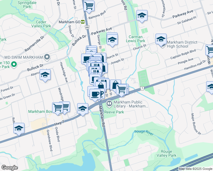 map of restaurants, bars, coffee shops, grocery stores, and more near 15 Washington Street in Markham