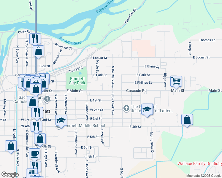 map of restaurants, bars, coffee shops, grocery stores, and more near 400 Evergreen Drive in Emmett