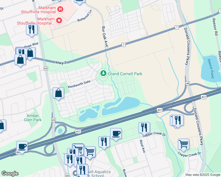map of restaurants, bars, coffee shops, grocery stores, and more near 5 Oakmoor Lane in Markham