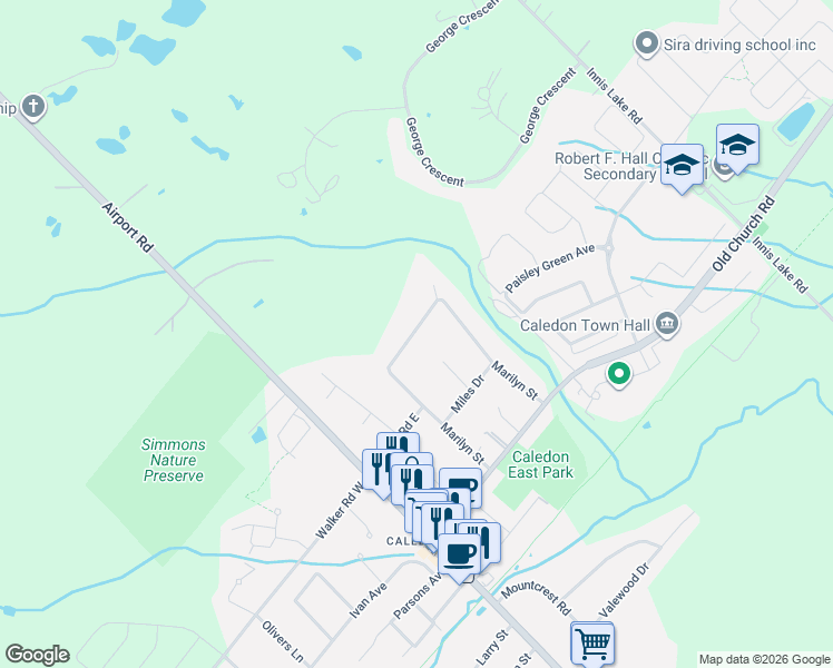 map of restaurants, bars, coffee shops, grocery stores, and more near 41 Marilyn Street in Caledon East