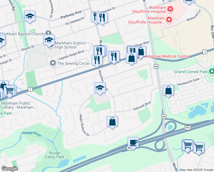 map of restaurants, bars, coffee shops, grocery stores, and more near 21 Wootten Way South in Markham
