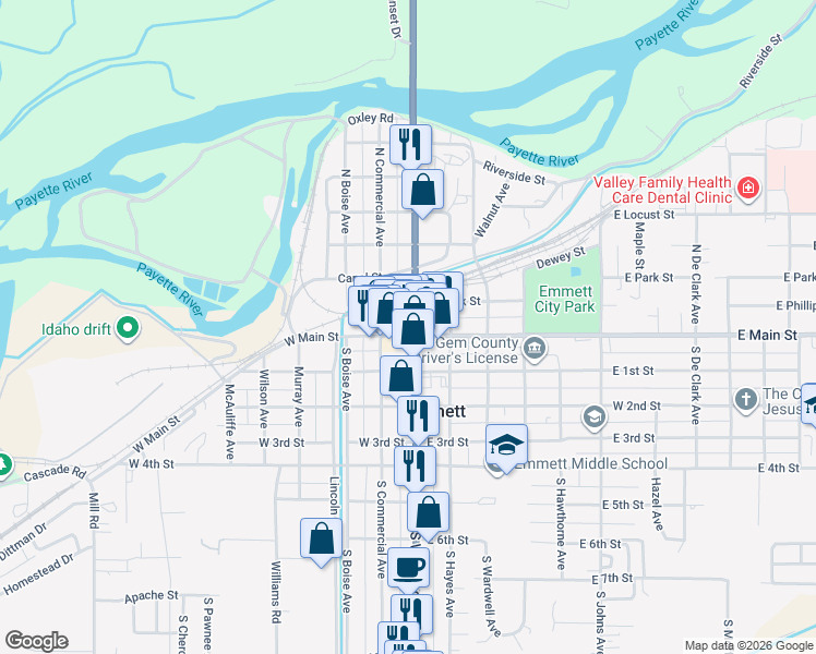 map of restaurants, bars, coffee shops, grocery stores, and more near 102 West Main Street in Emmett