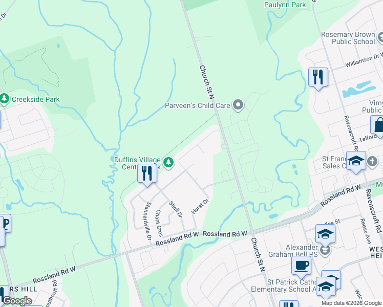 map of restaurants, bars, coffee shops, grocery stores, and more near 59 Hurst Drive in Ajax