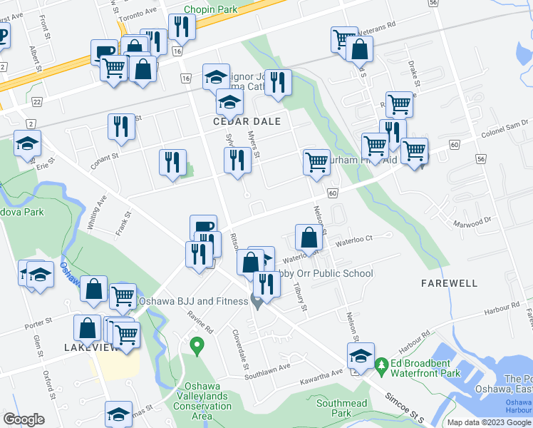 map of restaurants, bars, coffee shops, grocery stores, and more near Bourne Crescent in Oshawa