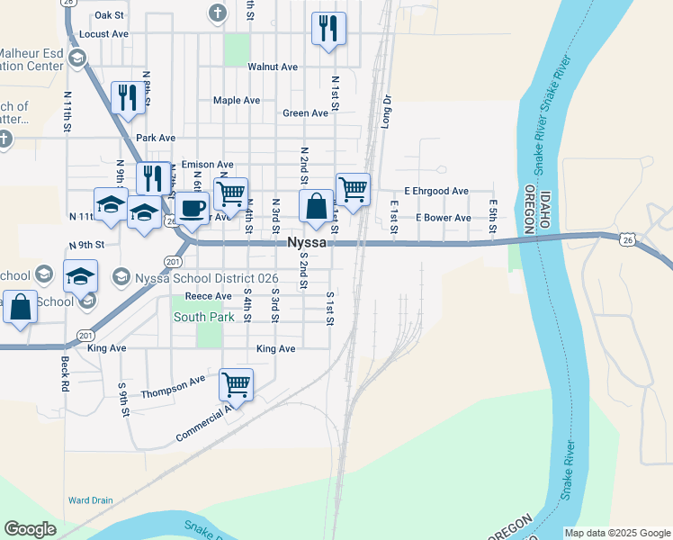 map of restaurants, bars, coffee shops, grocery stores, and more near 9 Good Avenue in Nyssa
