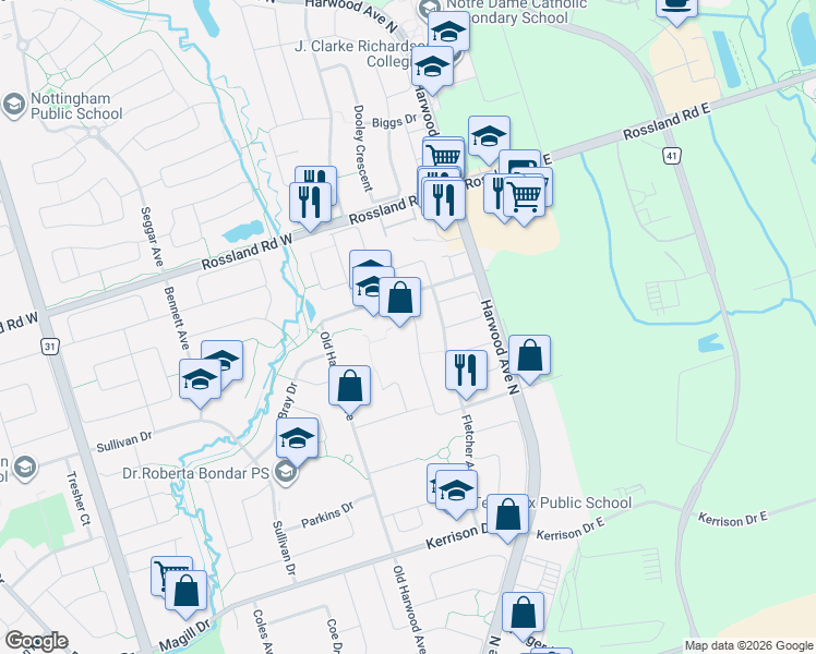 map of restaurants, bars, coffee shops, grocery stores, and more near 116 Hibbard Drive in Ajax