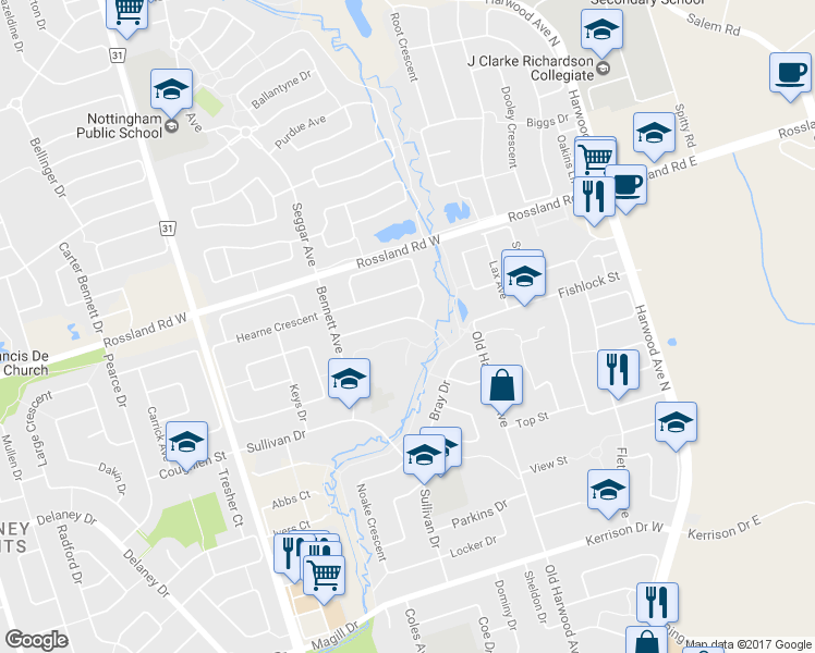 map of restaurants, bars, coffee shops, grocery stores, and more near in Ajax