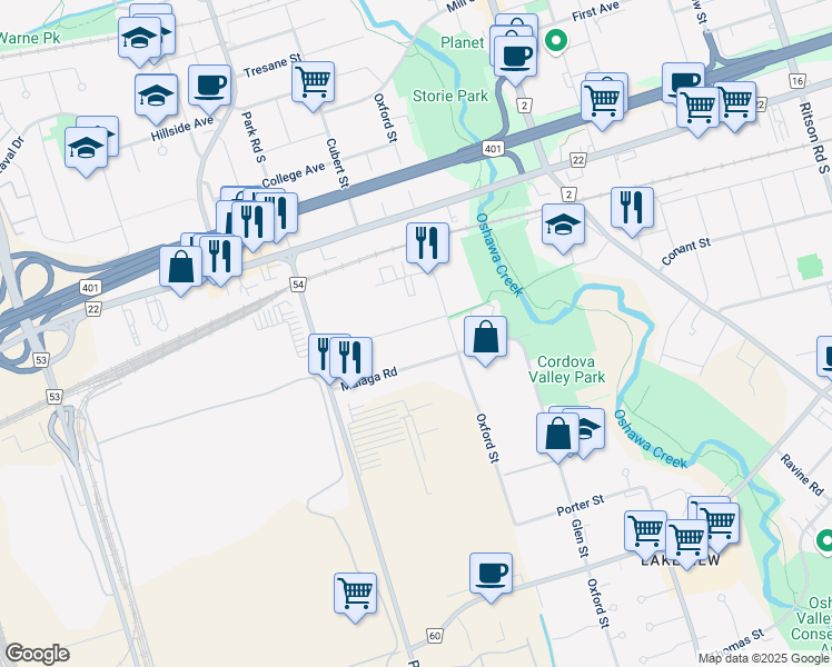 map of restaurants, bars, coffee shops, grocery stores, and more near 233 Cordova Road in Oshawa