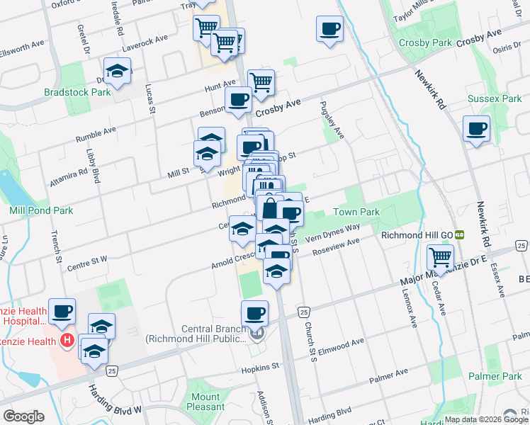 map of restaurants, bars, coffee shops, grocery stores, and more near Yonge Street in Richmond Hill