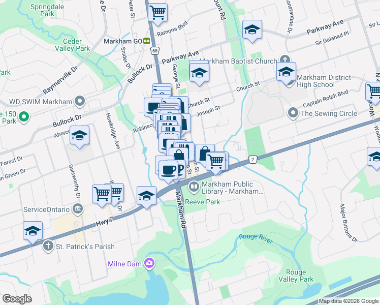 map of restaurants, bars, coffee shops, grocery stores, and more near 17 Washington Street in Markham