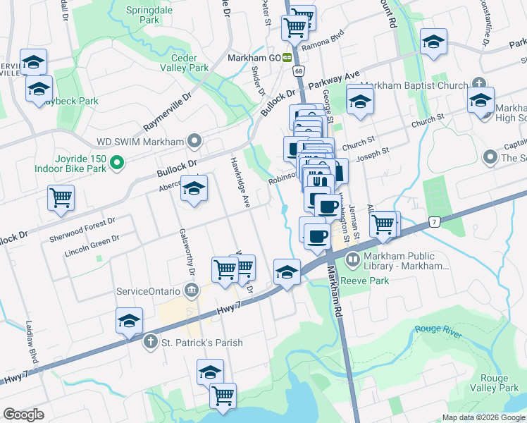 map of restaurants, bars, coffee shops, grocery stores, and more near 103 Robinson Street in Markham