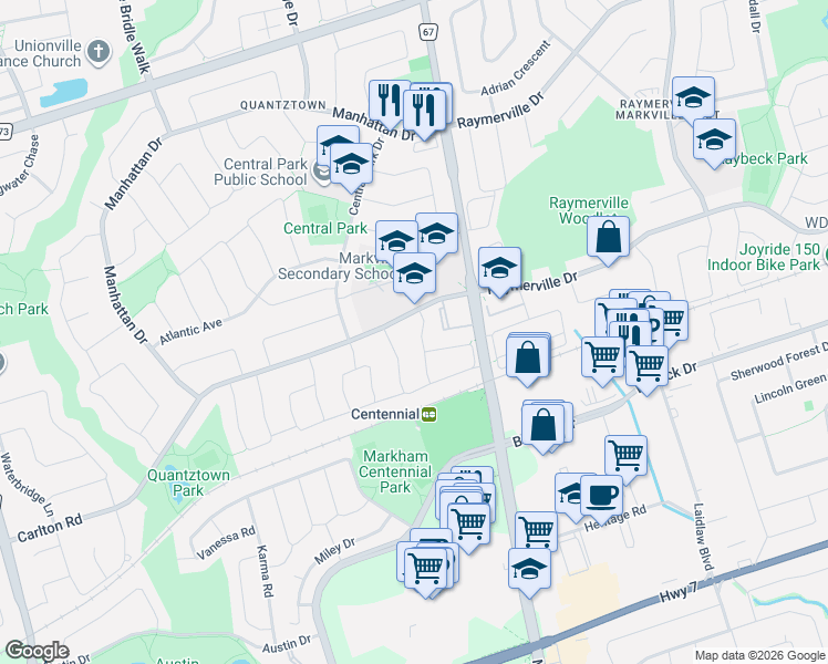 map of restaurants, bars, coffee shops, grocery stores, and more near 76 Mansfield Lane in Markham