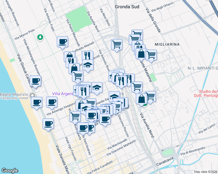 map of restaurants, bars, coffee shops, grocery stores, and more near 162 Via Antonio Pacinotti in Viareggio