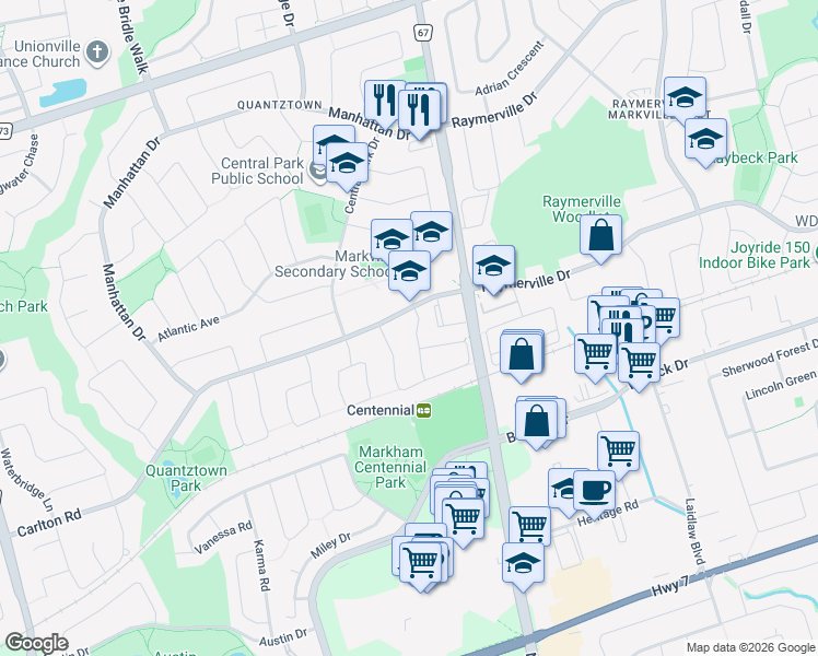 map of restaurants, bars, coffee shops, grocery stores, and more near 76 Mansfield Lane in Markham