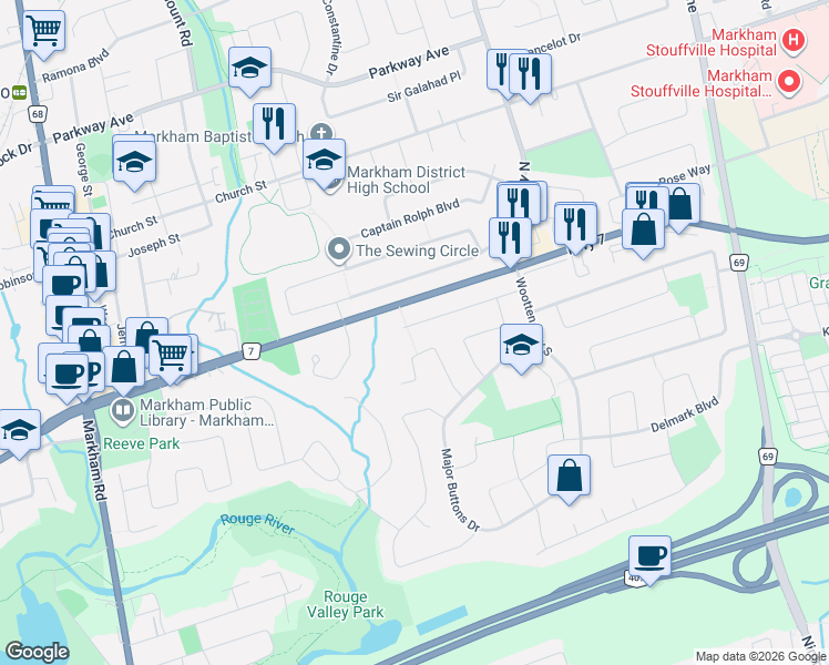 map of restaurants, bars, coffee shops, grocery stores, and more near 41 Captain Armstrong Lane in Markham