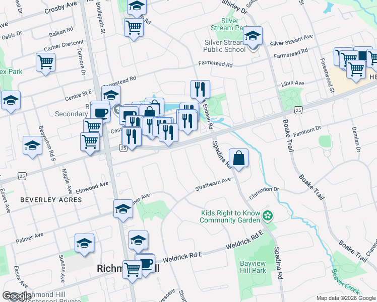 map of restaurants, bars, coffee shops, grocery stores, and more near 47 Hillhurst Drive in Richmond Hill