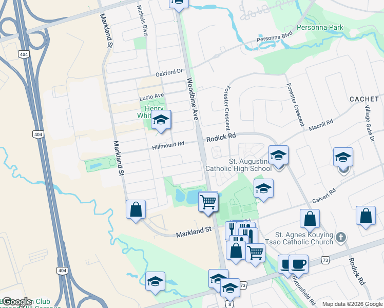 map of restaurants, bars, coffee shops, grocery stores, and more near 9580 Woodbine Avenue in Markham