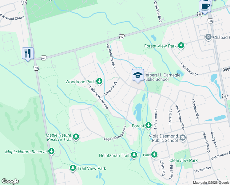 map of restaurants, bars, coffee shops, grocery stores, and more near 50 Sir Francesco Street in Vaughan