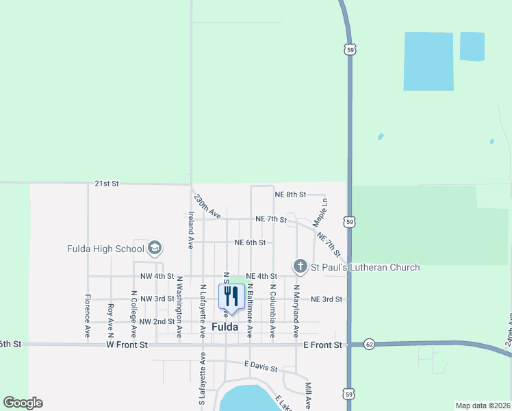 map of restaurants, bars, coffee shops, grocery stores, and more near 700 North Baltimore Avenue in Fulda