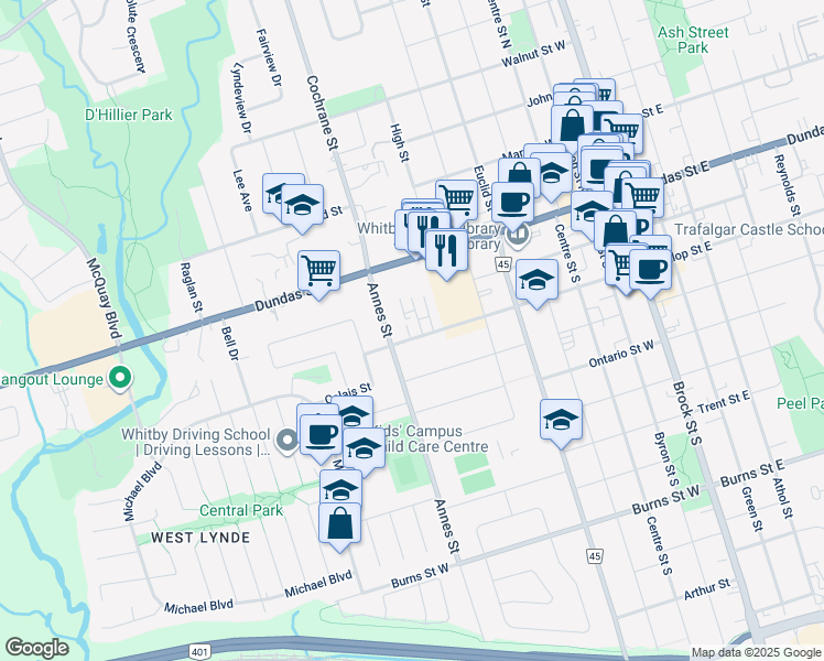 map of restaurants, bars, coffee shops, grocery stores, and more near in Whitby