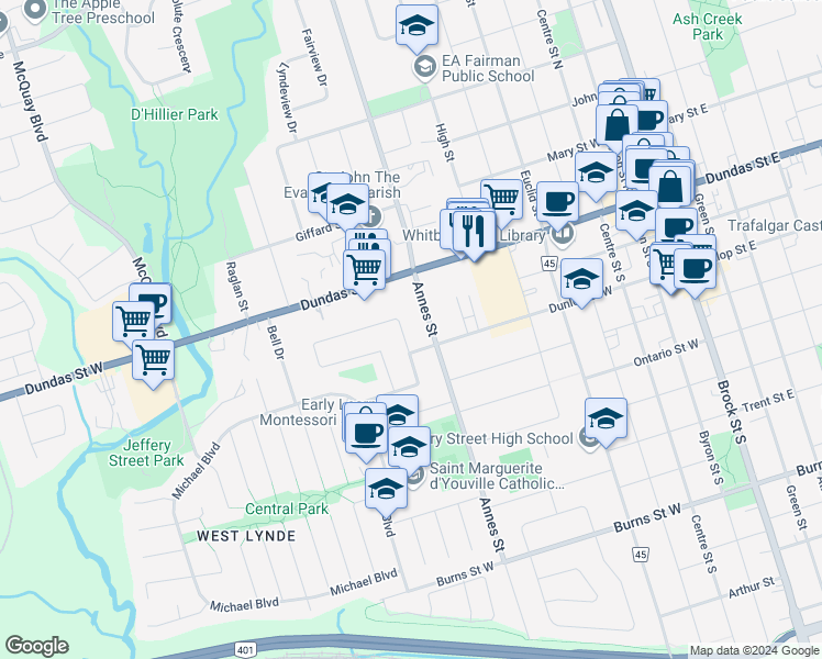 map of restaurants, bars, coffee shops, grocery stores, and more near 55 Calais Street in Whitby