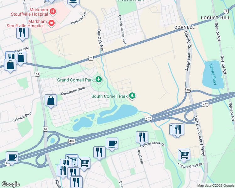 map of restaurants, bars, coffee shops, grocery stores, and more near 10 Fred Lablanc Drive in Markham