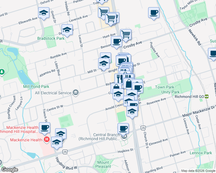 map of restaurants, bars, coffee shops, grocery stores, and more near 58 Richmond Street in Richmond Hill