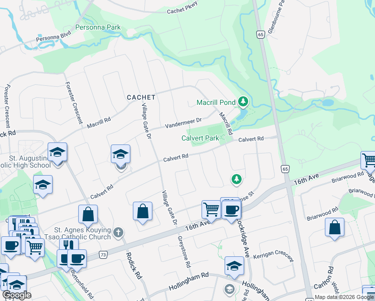 map of restaurants, bars, coffee shops, grocery stores, and more near 334 Calvert Road in Markham