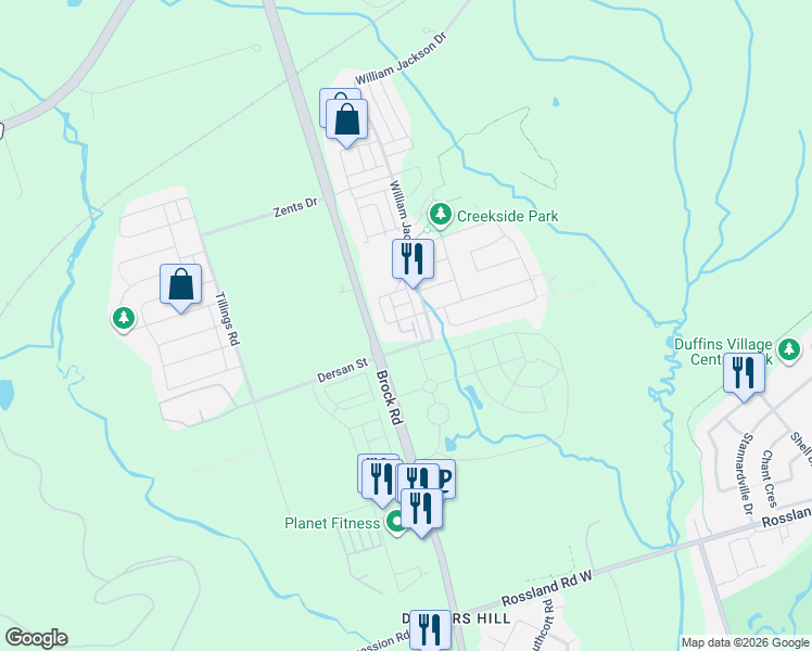 map of restaurants, bars, coffee shops, grocery stores, and more near 1711 Pure Springs Boulevard in Pickering