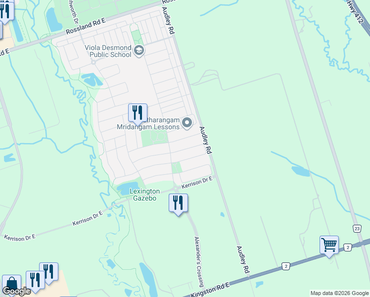 map of restaurants, bars, coffee shops, grocery stores, and more near 68 Loughlin Hill Crescent in Ajax