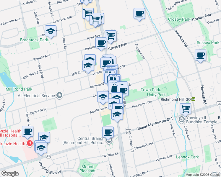 map of restaurants, bars, coffee shops, grocery stores, and more near 1 Centre Street West in Richmond Hill