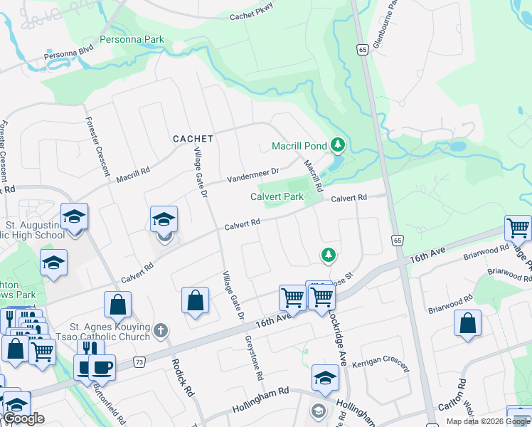 map of restaurants, bars, coffee shops, grocery stores, and more near 334 Calvert Road in Markham