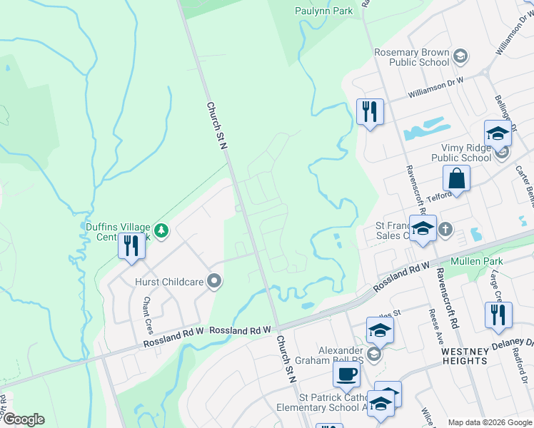 map of restaurants, bars, coffee shops, grocery stores, and more near 9 ClutterBuck Lane in Ajax