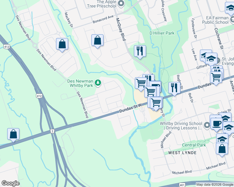 map of restaurants, bars, coffee shops, grocery stores, and more near in Whitby