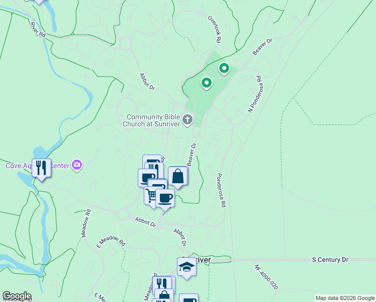map of restaurants, bars, coffee shops, grocery stores, and more near 57142 Evergreen Loop in Sunriver