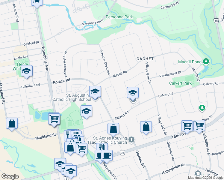 map of restaurants, bars, coffee shops, grocery stores, and more near 30 Eyer Drive in Markham
