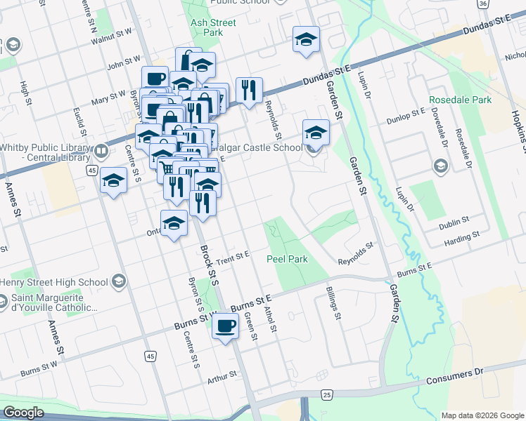 map of restaurants, bars, coffee shops, grocery stores, and more near 507 Peel Street in Whitby