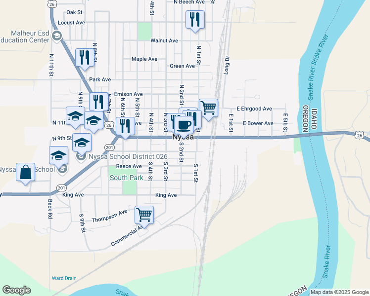 map of restaurants, bars, coffee shops, grocery stores, and more near 122 Good Avenue in Nyssa