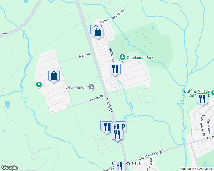 map of restaurants, bars, coffee shops, grocery stores, and more near 1725 Pure Springs Boulevard in Pickering