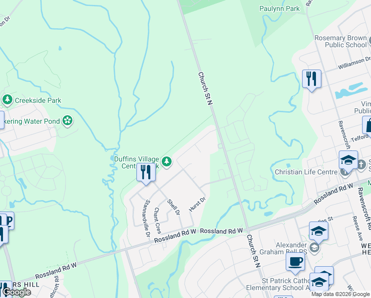 map of restaurants, bars, coffee shops, grocery stores, and more near 60 Hurst Drive in Ajax